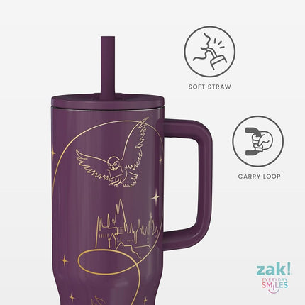 Zak Designs Harry Potter Sutton Travel Tumbler for On The Go, 30oz Stainless Steel with Vacuum Insulation, Silicone Straw, and Carry Handle for Cold Drinks (Hogwarts)