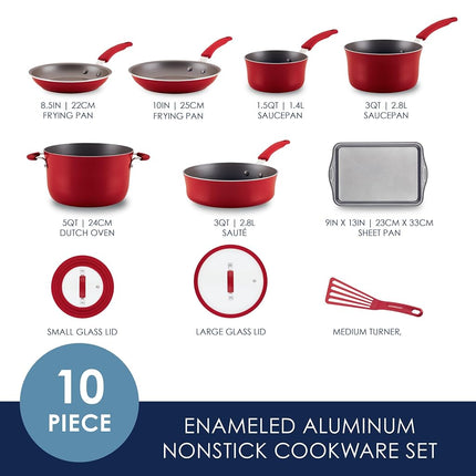 Rachael Ray Cook + Create Nonstick Cookware/Pots and Pan Set, 10 Piece, Red