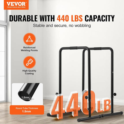 VEVOR Dip Bars, 200 kg Capacity, Heave Duty Dip Stand Station with Adjustable Height, Fitness Workout Dip Bar Station Stabilizer Parallette Push Up Stand, Parallel Bars for Strength Training Home Gym