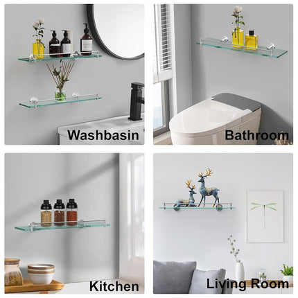 KOCOK 20 Inches Glass Shelves for Bathroom, Chrome Polished Floating Glass Shelf Stainless Steel Tempered Glass Bathroom Shelves for Wall Mount Modern