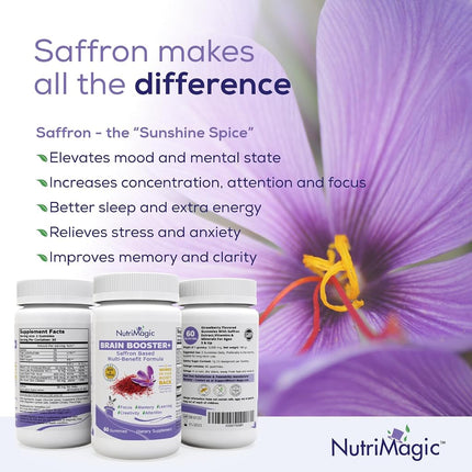 NutriMagic Kids Brain Booster 2IN1 Saffron Extract Nootropic & Multivitamin for Focus, Memory, Attention, Mood - Pure Saffron Gummies for Brain Health Support w/Vitamin D3, B6, B12, Zinc - 60 Gummies
