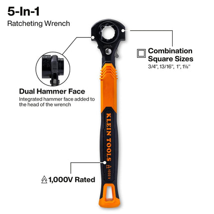 KLEIN TOOLS KT171HFINS 5-in-1 Insulated Lineman Wrench with Dual Hammer Faces, 1000V Rated, Ratcheting Pass-Through Design, Tether Hole, Ergonomic Grip for Utility Pole Hardware