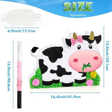 WERNNSAI Dairy Cow Piñata - Farm Animal Party Game Cow Pinata for Girls Birthday Party Decorations Kids Happy Party Favor Supplies with Bat Blindfold, Farm Theme Candy Toys Filler