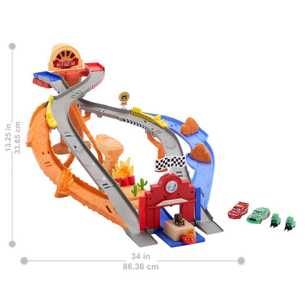 Mattel Disney and Pixar Cars Toy Playset, Lightning McQueen & Chicks Hicks & 2 Pitty Crew Vehicles, 2 Ways to Race, Race & Rescue Rescue Road Raceway, JFL57