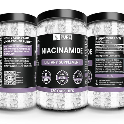 Pure Niacinamide (Vitamin B3), 730 Capsules, 2-Year Supply, No Magnesium Filler, Gluten-Free, No Flush, Made in The USA, 500 mg Natural & Undiluted Niacinamide (Vitamin B3)