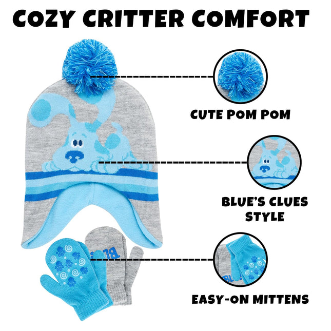 Nickelodeon Boys' Blue's Clues Winter Hat Set - 2 Piece Pom Pom Beanie and Mittens, Size Age 2-4, Size Age 2-4, Blue/Grey