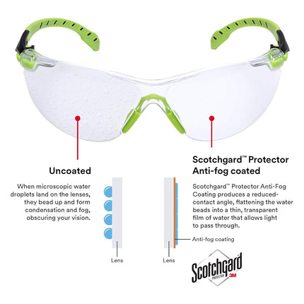 3M Safety Glasses, Solus 1000 Series, ANSI Z87, Scotchgard Anti-Fog, Clear Lens, Green/Black Frame