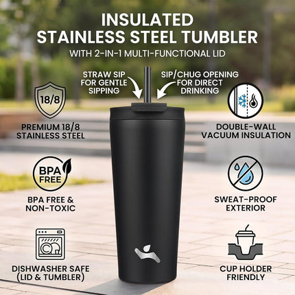 Konokyo 22OZ Insulated Tumbler with Lid and 2 Straws Stainless Steel Water Bottle Vacuum Travel Mug Coffee Cup,Black