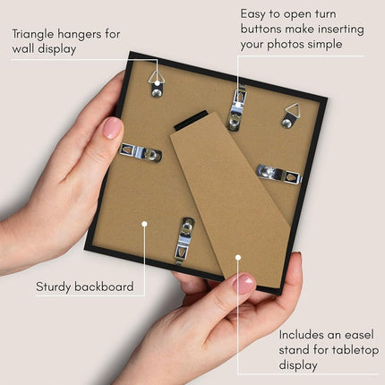 Americanflat 6x6 Picture Frame with Shatter-Resistant Glass - Streamline Collection - Thin Square Picture Frame for Tabletop and Wall Display - Hanging Hardware and Easel Stand Included - Black