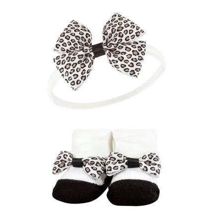 Hudson Baby Girl's Headband and Socks Giftset, Light Pink Leopard, One Size