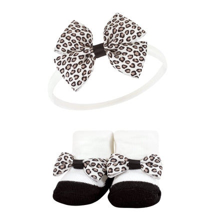 Hudson Baby Girl's Headband and Socks Giftset, Light Pink Leopard, One Size
