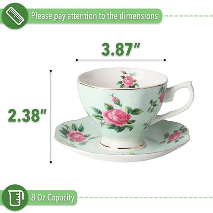 BTäT- Floral Tea Cups and Saucers, Set of 2 (Green - 8 oz) with Gold Trim and Gift Box, Coffee Cups, Floral Tea Cup Set, British Tea Cups, Porcelain Tea Set, Tea Sets for Women, Latte Cups