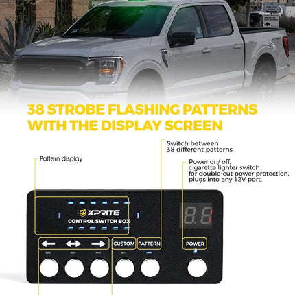 Xprite White Green Rooftop Emergency Strobe Light Bar, Beacon Safety Flashing Warnin Lights w/Control Panel Magnetic Base for Construction Trucks Plows Postal Security Cars