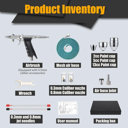 Airbrush Kit, Air Brush Painting Set, Double Action Trigger Airbrush Gun with 0.3mm/0.5mm/0.8mm Needles, 2cc/5cc/13cc Paint Cup, Airbrush Spray Tool Set for Painting Nails Cake Tattoo Makeup