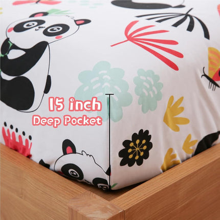 JSD Panda Floral Kids Sheet Set Full 4 Piece, Printed Microfiber Bed Sheets for Boys Girls Deep Pocket