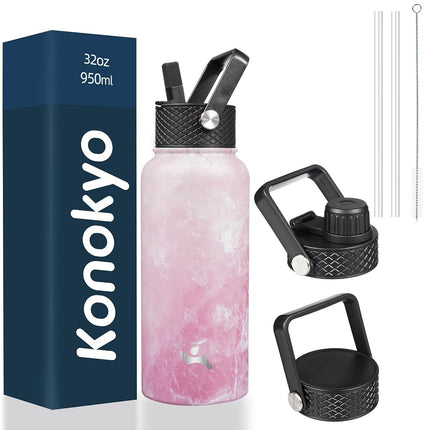 Konokyo Insulated Water Bottle 32oz Stainless Steel Water Bottles with 3 Lids,Marble Blossom