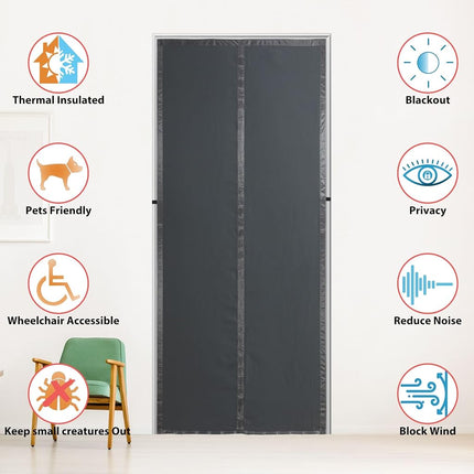 Magnetic Thermal Insulated Door Curtain,Upgraded-Fabric Durable Doorway Curtains,Temporary Door Insulation Cover Keep Warm Winter&Cool Summer,Dark Grey Fabric Door Window Insulation Kit for Winter