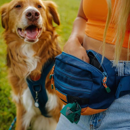Wilderdog Utility Fanny Pack stores Treats, Balls, Keys in 3 Pockets with adjustable strap and Poop Bag dispenser, Pacific Blue, one size, Dog Walking Fanny Pack