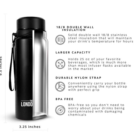 25 oz Multi-Function Travel Mug and Tumbler | Tea Infuser Water Bottle | Fruit Infused Flask | Hot & Cold Double Wall Stainless Steel Coffee Thermos | by Here & Now Supply Co. Zen Black