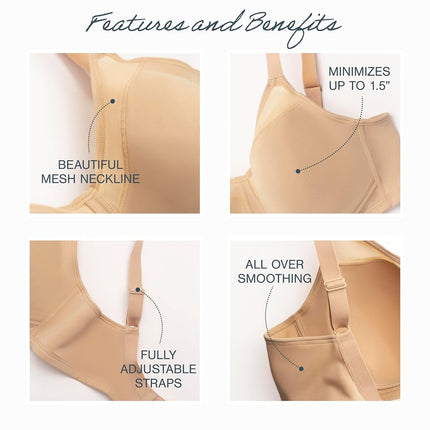 Playtex Women's 18 Hour Minimizer Smoothing Full-Coverage Wireless T-Shirt Bra with Mesh Trim, Black, 36C