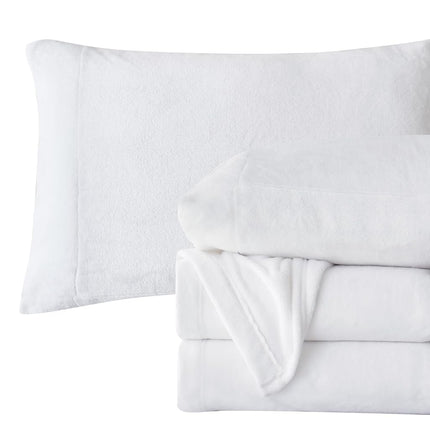Elegant Comfort Luxuriously Soft 4-Piece Velvet Plush Flannel Sheet Set - Premium Quality - Cozy Warm, Anti-Static, Non Pilling Fuzzy Velvet Flannel Fleece Deep Pocket Sheet Set - Twin XL, White