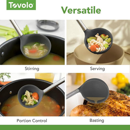 Tovolo Steel, Deep Spoon with Reinforced Silicone Ladle with Stainless Steel Handle, Gray