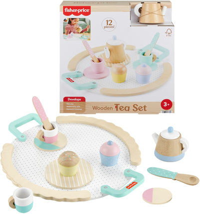 Fisher-Price Wood Pretend Play Toy Tea Set, 12-Pie