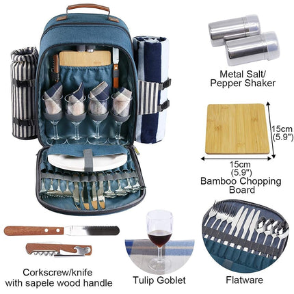 Sunflora Picnic Backpack for 4 Person, Picnic Basket Set (Blue & Stripe)