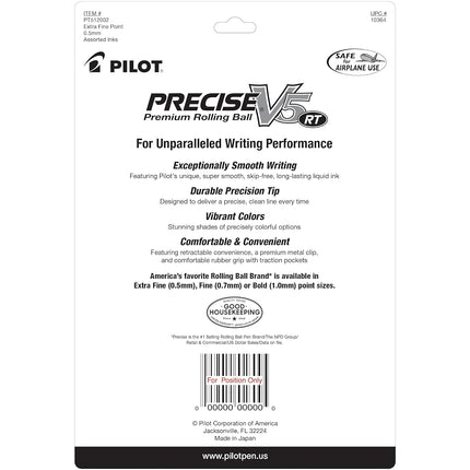 Pilot Precise V5 RT Refillable & Retractable Liquid Ink Rolling Ball Pens, Extra Fine Point (0.5mm) Assorted Color Inks, 12-Pack (10364)