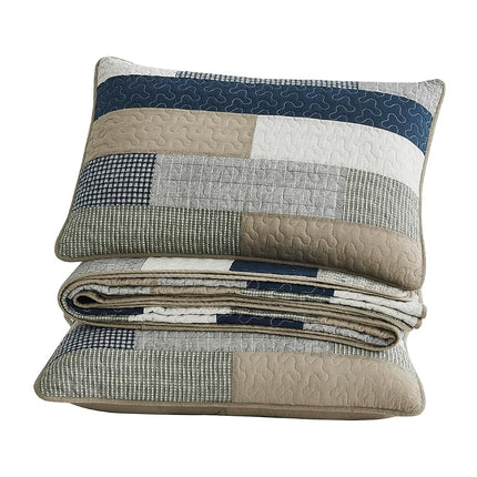 Chezmoi Collection Dylan 2-Piece Navy Blue White Gray Taupe Plaid Rectangular Patchwork Quilt Set - Pre-Washed Cotton Coverlet - Lightweight Bedspread for All Seasons, Twin Size