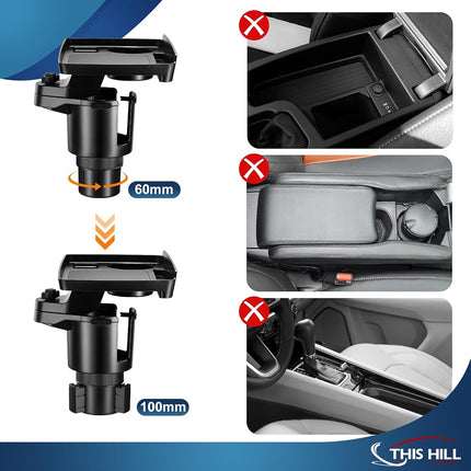This Hill 2 Pack Cup Holder Tray for Car, 2 in 1 Detachable Car Food Table Tray with Solid Base & Phone Slot,Car Cup Holder Expander with 360°Rotation Tray for Travel Road Essentials Accessories