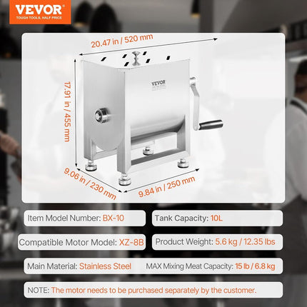 VEVOR Manual Meat Mixer, 10L Fixed Tank – Heavy Duty Stainless Steel Hand Mixer for Ground Beef & Sausage, Max 15lb Mixing Meat Capacity, with Gear Box and Lid Handle