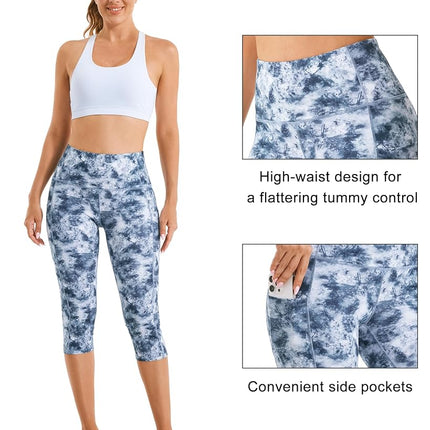 Stelle Women's Capri Yoga Pants with Pockets Essential High Waisted Legging for Workout, Nylon-tide Dye White, XL