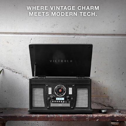 Victrola Nostalgic Aviator Wood 8-in-1 Bluetooth Turntable Entertainment Center, Espresso