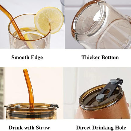 BLUEPOLAR 13 oz Tumbler Water Glass, Water Bottle with Straw and Dustproof Lid, Coffee Ice Cup Double Wall Insulated Glass Cup (Amber-4pack)