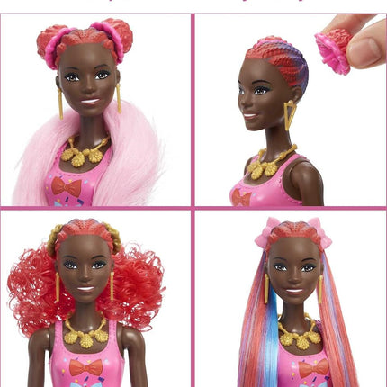 Barbie HBG40 - Color Reveal Bows lalka zmiany włosów, niebieski brokatowy zestaw zabaw z 25 stylizacji włosów i niespodzianek partii, wiek 3+.