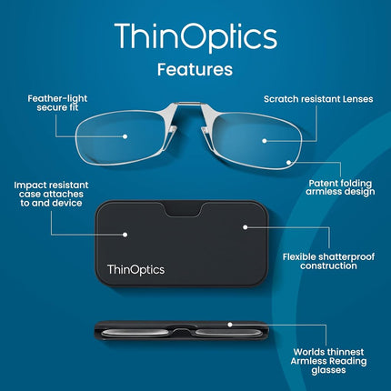 ThinOptics Folding Reading Glasses 1.00, Clear, Case, for Men and Women