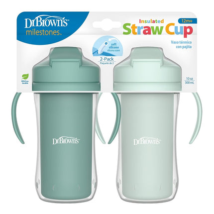 Dr. Brown's Milestones Insulated Tumbler with Straw and Handles, Leak-Proof Vacuum Insulated Tumbler with Lid, 10 oz, BPA Free, Green (Pack of 2)
