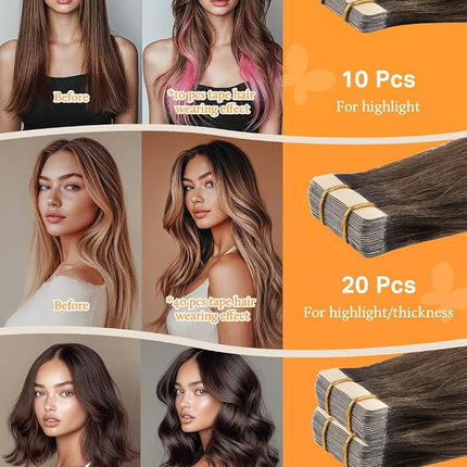 DOORES Tape Hair Extensions Human Hair Balayage Chocolate Brown to Honey Blonde 55cm 20pcs 50g Straight Remy Natural Hair Extensions Tape in Real Hair