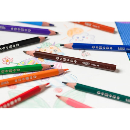 BIC Kids Evolution Triangle Coloured Pencils, Colouring Pencils Ideal for Small Kids 2 Years and Up to Place Fingers, Extra Resistant BIC Pencils, School Supplies, 12 Pack