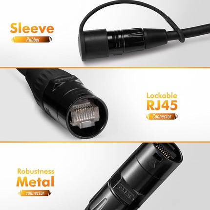 Jamesin CAT6 Shielded Ethercon Cable, 15 Feet, with Booted Rj45, Tactical Locking Ethernet, and Converta-Shell Connectors, for Studio Setups, Touring, Stage Production, Concerts & Other Applications