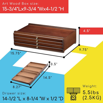 MEEDEN 4-Drawer Art Supply Storage Box - Large Capacity Multi-Function Beech-Wood Pencil Box with Drawer & Compartments for Organizing Pastels, Pencils, Pens, Markers, Brushes & Stamp, Walnut