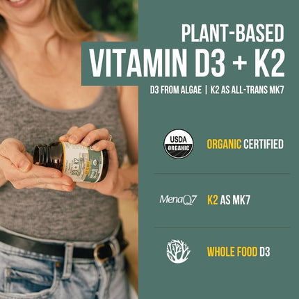 Triquetra Health Organic Plant D3 + K2 | 5000 iu D3 + 120 mcg K2 as All-Trans MK7 from MenaQ7® - 100% Whole Food, Raw & Vegan | Enhanced Digestion with Prebiotic & Superfood Complex (60 Servings)