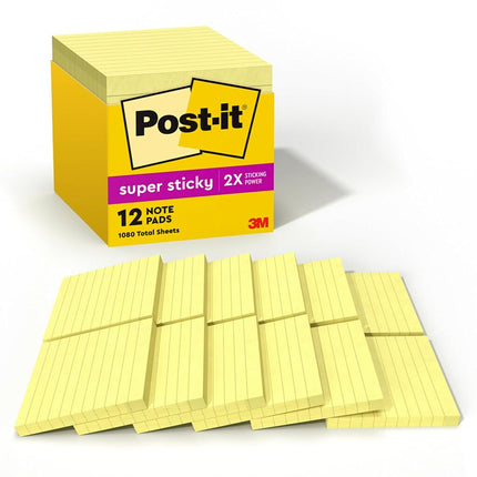 Post-it Super Sticky Notes, 4 x 4-Inches, Canary Yellow, Lined, 12-Pads/Pack