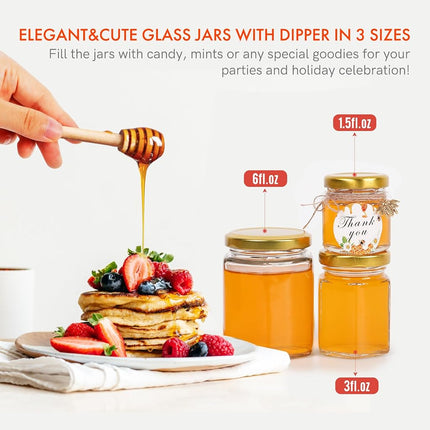 6oz Glass Small Jars with Lids 30Pack, AuroTrends Honey in Bulk for Baby Shower Favors/Wedding Favors -Small Canning Wooden Dippers/Bee Charms/Stickers/Jute Twine (6fl.oz-30Pack) Gold