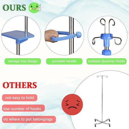 Ozzptuu Medical IV Pole with wheels Stainless Steel Adjustable 57" to 79" Height IV Stand with Tray and 4 Hooks for IV Hospital Home Infusion Practice and Therapy
