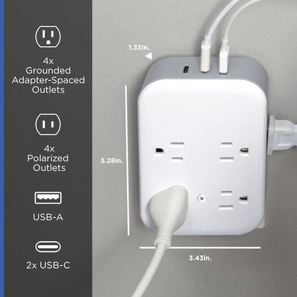 GE All-in-One Surge Protector Wall Tap, 8 Outlets (4 Grounded + 4 Polarized), 2 USB-C & 1 USB-A, 15W Shared, 1140J, Circuit Breaker, ETL Certified, White/Gray, 85633