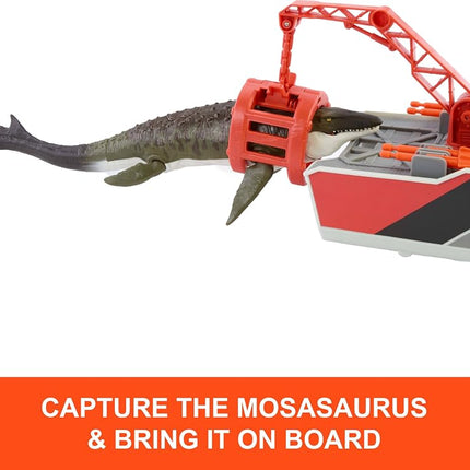 Mattel Jurassic World: Rebirth Matchbox Toy Car Playset, Jurassic World 12.5” Dino Boat with 13” Mosasaurus Dinosaur, 1:64 Die-Cast Jeep, Harpoon Missiles & Detachable Rescue Boat, JGG61