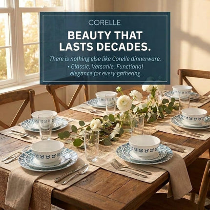Corelle Vitrelle Glass Dinnerware Set, Chip & Crack Resistant Triple Layer Glass, 12-PC Dinnerware Set, Northern Pines