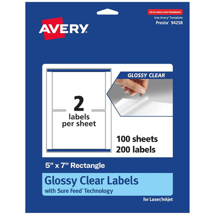 Avery Glossy Clear Rectangle Labels with Sure Feed, 5" x 7", 200 Glossy Clear Labels, Laser/Inkjet Printable Labels